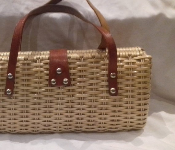 1950s Basket Bag / 50s wicker and leather Handbag… - image 9