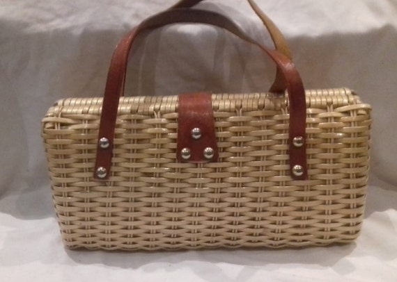 1950s Basket Bag / 50s wicker and leather Handbag… - image 2