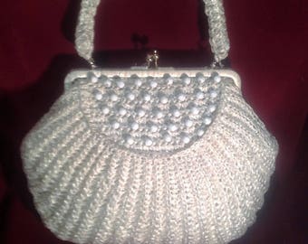 1950s Cream Raffia Woven Handbag / Purse  with white Beaded details on the front and back