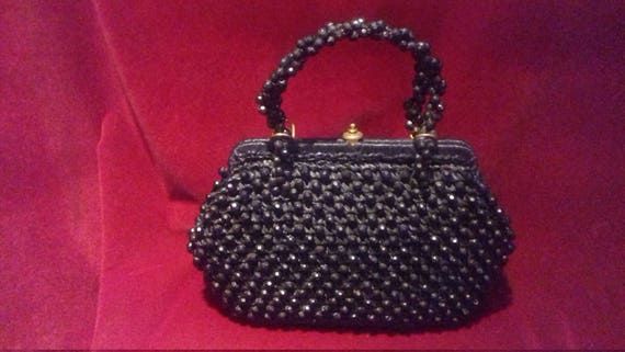 1950s Black Beaded Raffia Ladies Handbag / Beaded