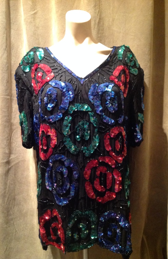 Vintage Ladies Beaded Top / Blouse / Heavily Flowe