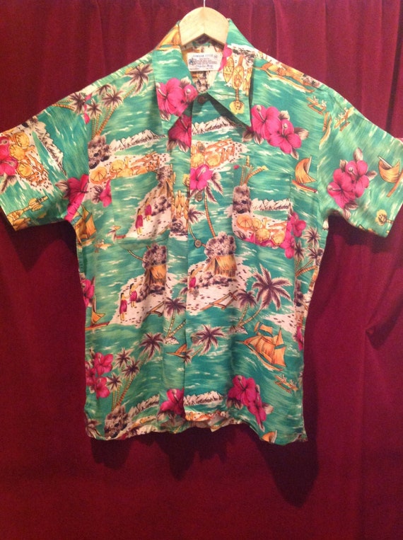 Chemise Hawaïenne Vintage Années 50-60 - Imprimé Oiseaux Grue, Rayonne Manhattan - Taille L