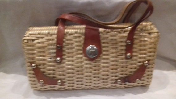 1950s Basket Bag / 50s wicker and leather Handbag… - image 3