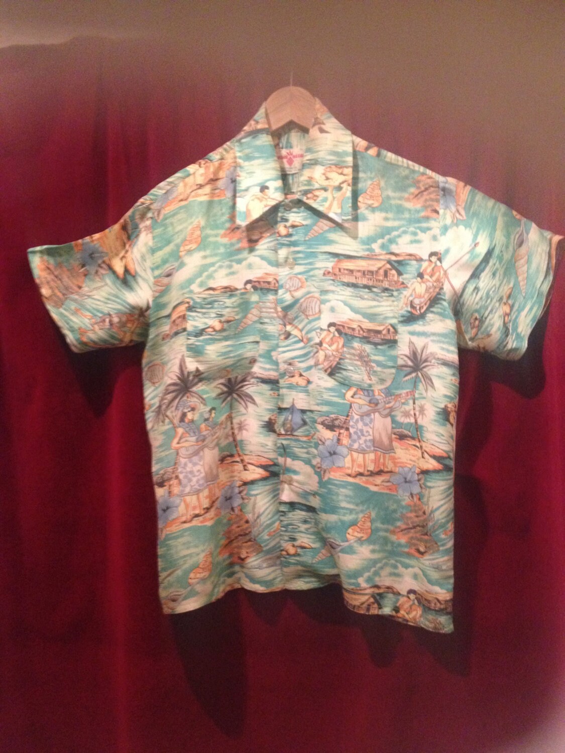Vintage 1940's Original Floral Rayon Border Print Hawaiian