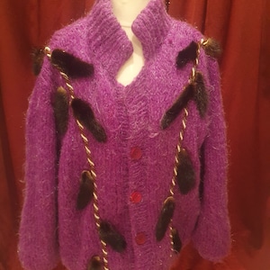 Vintage Mohair Cardigan / Vintage Mohair knitwear with real Mink trim
