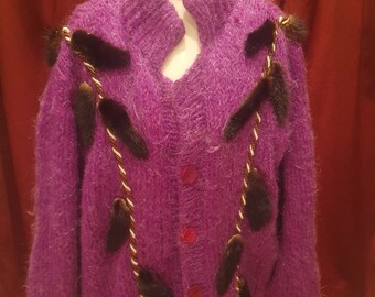 Cárdigan vintage de mohair / Prenda de punto vintage de mohair con ribete de visón auténtico