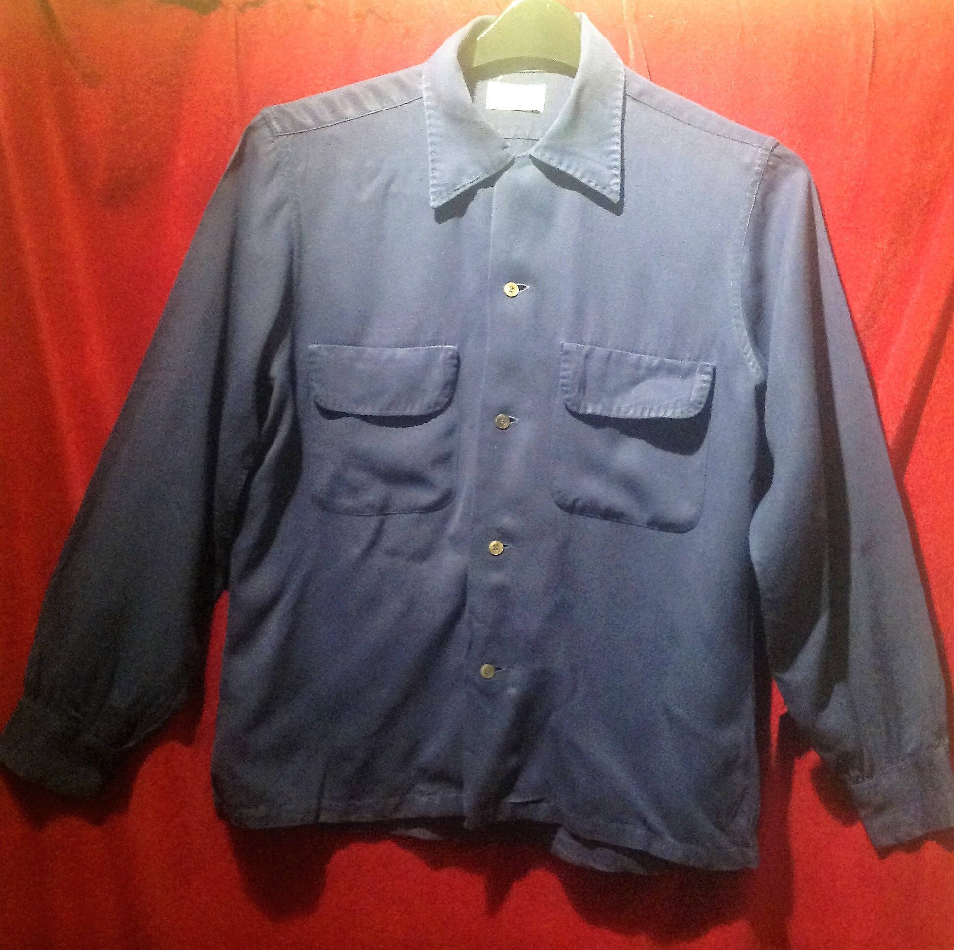 1950s Rayon Shirt - Navy Blue / 50s Vintage Shirt / Make 1950s Rayon Shirt - Navy Blue / 50s Vintage Shirt / Make