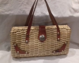 1950s Basket Bag / 50s wicker and leather Handbag / purse