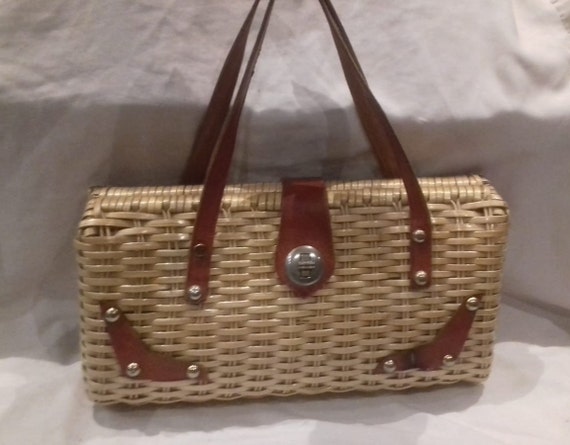 1950s Basket Bag / 50s wicker and leather Handbag… - image 1