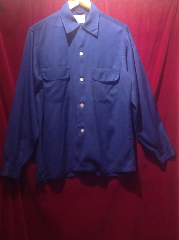1950s Gaberdine Shirt / Navy Blue loop collar gab… - image 7