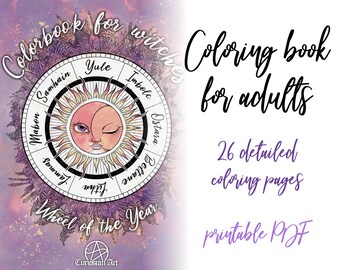Pode incluir: Um livro para colorir em PDF imprimível para adultos. A capa apresenta um desenho de sol e lua dentro de uma roda, com o texto "Colorbook for witches" e "Wheel of the Year". O livro contém 26 páginas detalhadas para colorir.