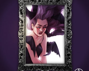 bat girl surreal art print ~ gothic interior ~ goth wall decoration ~ surrealistic dark art ~ Curiosum Art