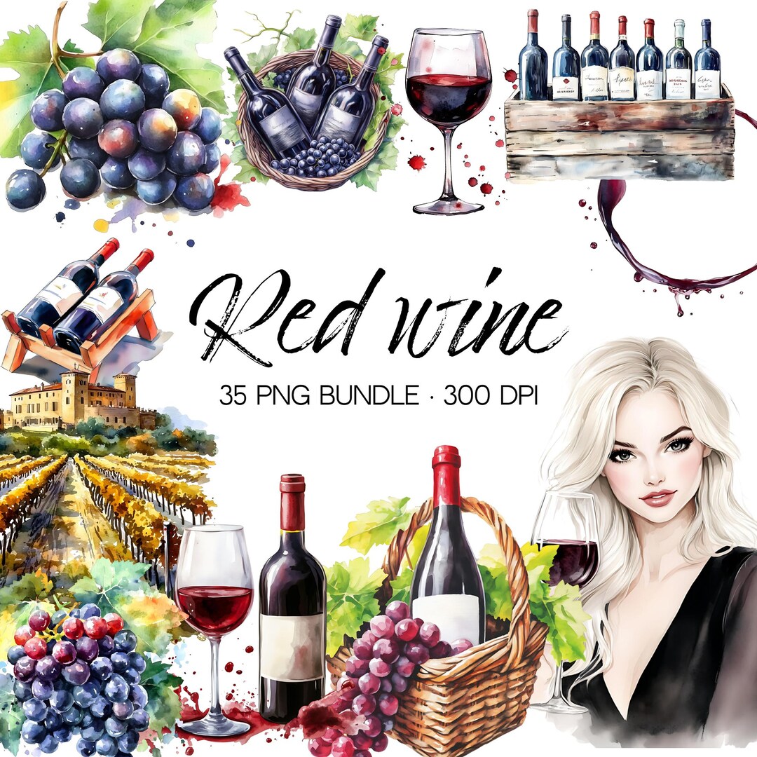 Red Wine Clipart Bundle (35 PNG, Transparent Background), Watercolor ...