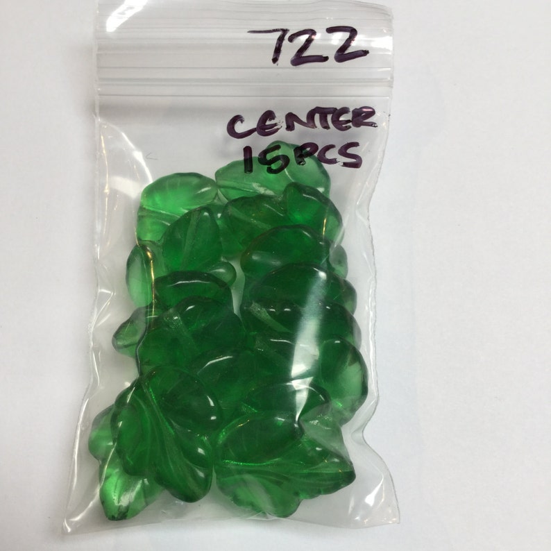 #722 - 24 Pieces center-drilled Transparent Pressed Glass Leaves in Green