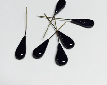 Black German Vintage Glass Drop Head Pins (flat) - 20 Pieces - #142