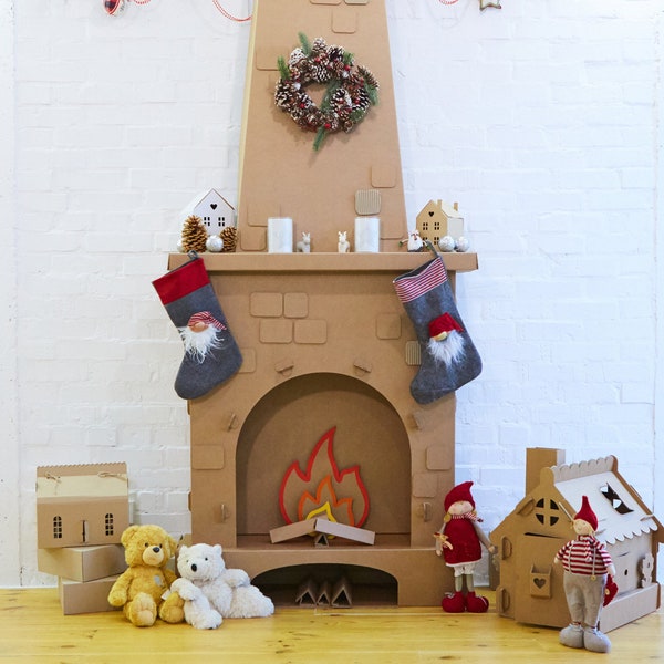 New Christmas Cardboard Fireplace Decoration Standee with Logs Flames. Cardboard Fireplace.