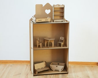 Cardboard Dollhouse and Dollhouse Furniture. Furnished dollhouse.