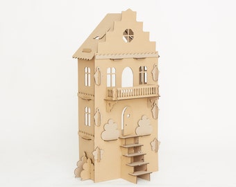 May include: A cardboard dollhouse with a balcony, a door, and stairs. The dollhouse is painted brown and has a white background.
