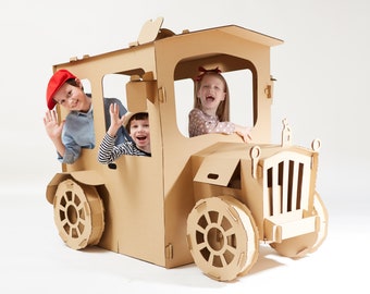 Personalized Cardboard Playhouse Big Car. Retro Vehicle Playhouse. Cardboard Automobile Playhouse