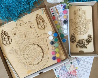 Hamsa Kit to create your protective amulet. Painting kit, Wooden Mandala paint kits for adults, Diy kit for birthday gift.