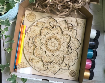 Mandala HAPPINESS painting kit, Wooden Mandala paint kits for adults, Diy kit for birthday gift, Happy birthday box, Mandala Dotting Kit