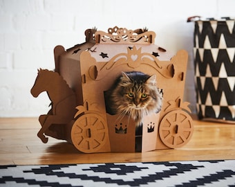 Personalized Cat furniture.  Custom Carriage Cardboard Cat House. Carriage playhouse. Cardboard castle playhouse