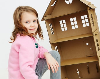 Miniature dollhouse. Cardboard modern barbie house. Montessori educational toy, toddler girl nursery decor