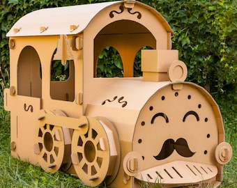 Personalized Train playhouse. Cardboard locomotive playhouse. Cardboard train playhouse