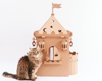 Personalized Cat furniture. Custom Cardboard Cat House With Balcons. Cat Fortress