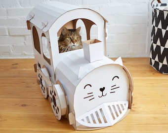 Personalized Cat furniture. Custom Cardboard Cat House. Cardboard Cat Train Eco