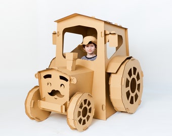 Easter tractor. Cardboard Tractor playhouse. Wheeled Bulldozer Playhouse. Cardboard Bulldozer.