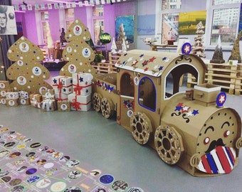 Cardboard Train and Wagon. Personalized Cardboard locomotive and wagon. Train and Wagon playhouse. Cardboard Train playhouse