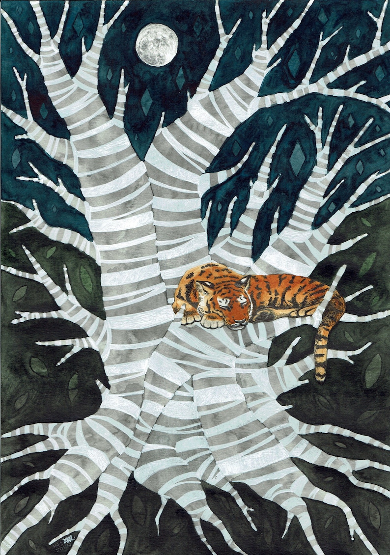 Sleeping Cat print \u2022 watercolour painting of a tiger sleeping in a silver birch tree under a full moon \u2022 nature art for crazy cat ladies