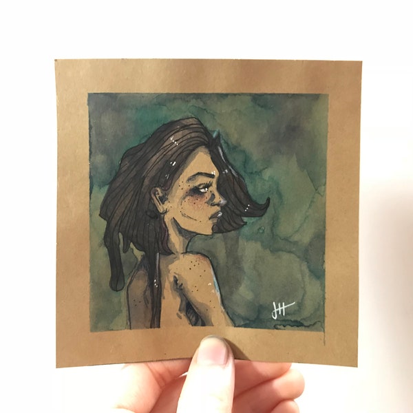 Mixed Media Original Painting, Portrait Painting - Small Painting on Paper, Watercolor and Pencil - Surreal Art, 4.5"x4.5" Original Art