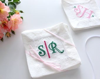 Personalized Hemstitch Linen Cocktail Coaster, Cocktail Napkin with Monogram, Custom Hostess Gift