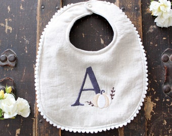 Personalized Initial Baby Bib | 3-Layered Absorbent Custom Embroidered Pumpkin Linen Bib