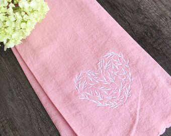 Foliage Heart Embroidered Pink Linen Tea Towel | Handmade Scallop Edge Hand Towel for Bathroom | Gift for Her