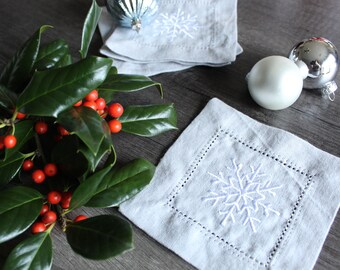 Embroidered Snowflake 100% Linen Cocktail Coaster | Winter Cloth Napkin