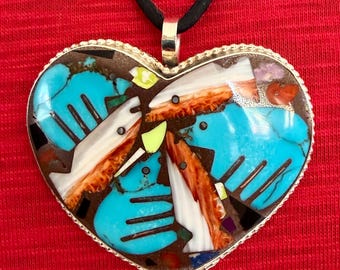 Sterling Silver Large Heart Pendant Inlaid with Hand Carved Turquoise Bears and Spiny Oyster Fish, Southwest Jewelry, Gifts for Her,