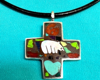 Small 4-Direction Pendant in Sterling, Hand Carved Mother of Pearl Bear and Turquoise Heart, SW Jewelry, Bear Pendant, Gifts for Her,
