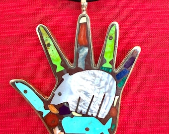 Bronze Hand Pendant Hand Inlaid with Hand Carved Bear, Whale, and Fish, Mother of Pearl Bear, Turquoise Whale, SW Jewelry, Gifts for Her