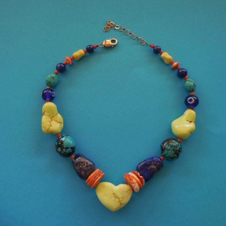 Collar de corazón de alúmina con turquesa, lapislázuli, ostra espinosa y coral esponja, joyería del suroeste, collar del suroeste, collar de corazón, imagen 3