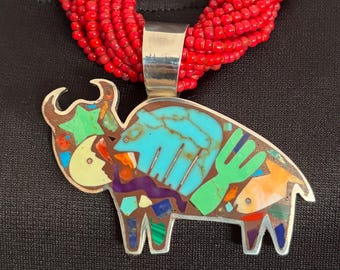 Sterling Silver Buffalo Pendant Inlaid with Hand Carved Bear, Cactus, Fish, Star, Moon, and Fish, Gifts for Her, Inlay Jewelry, SW Jewelry