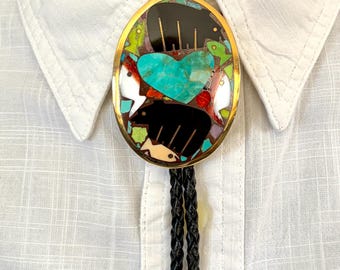 Bronze Bear Bolo Inlaid with Hand Carved Jet Bears, Spiny Oyster Fish, and Turquoise Heart, Gifts for Him or Her, SW Jewelry, Inlay Bolo