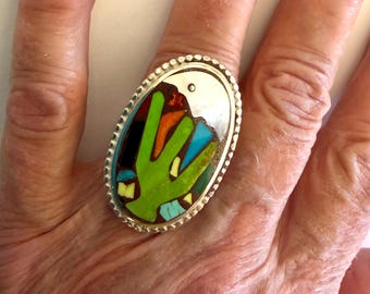 Sterling Silver Ring Inlaid with Hand Carved Mother of Pearl Shell Moon & Mojave Green Cactus, Adjustable Silver Shank, Gifts for Her