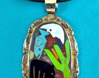 Bronze Pendant Inlaid with Hand Carved Bear, Cactus, Moon, and Fish, Inlay Pendant, SW Jewelry, Gifts for Her, Bear Jewelry