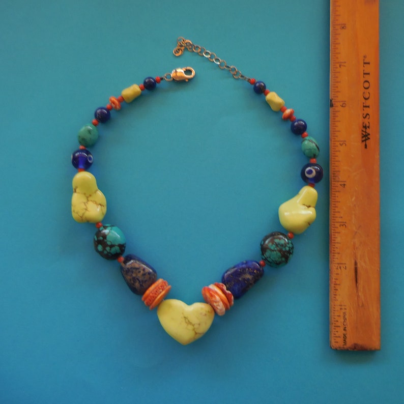 Collar de corazón de alúmina con turquesa, lapislázuli, ostra espinosa y coral esponja, joyería del suroeste, collar del suroeste, collar de corazón, imagen 4