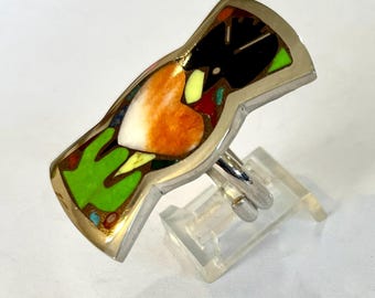 Sterling Silver Ring with Hand Carved Jet Raven, Spiny Oyster Heart, and Mojave Green Cactus, Gifts for Her, Adjustable Shank, SW Jewelry,