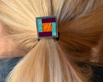Sterling Silver Hair Tie Inlaid with Hand Carved Turquoise, Spiny Oyster, and Sugilite, Hair Ornament, SW Hair Ornament, Jeremiah Shows