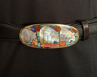 Bronze Buckle Inlaid with Hand Carved Mother of Pearl Bears, Fits 1" Belt, Gifts for Her or Him, Bear Jewelry, SW Jewelry